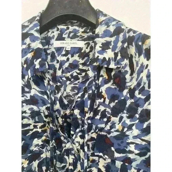 GERARD DAREL Silk Animal Print Lace Up Shirt Blue FR40 US8 - Picture 2 of 5